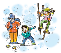 イラスト：雪の中、駒や竹馬で遊ぶ様子