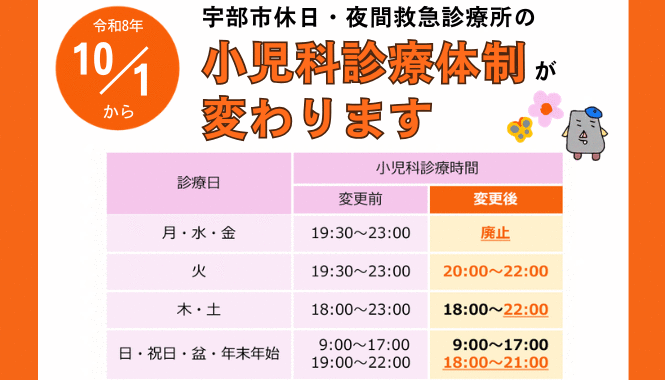 宇部市休日・夜間救急診療所の小児科診療体制が変わります