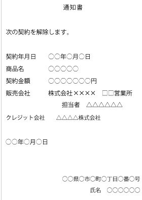 イラスト：クーリングオフはがき記入例（クレジット会社宛て）