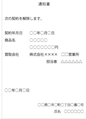 イラスト：クーリングオフはがき記入例（訪問購入）