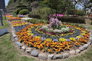 写真：丸い花壇が石で作られ、様々な色の花が咲いています。中心には紫色の花が咲いています