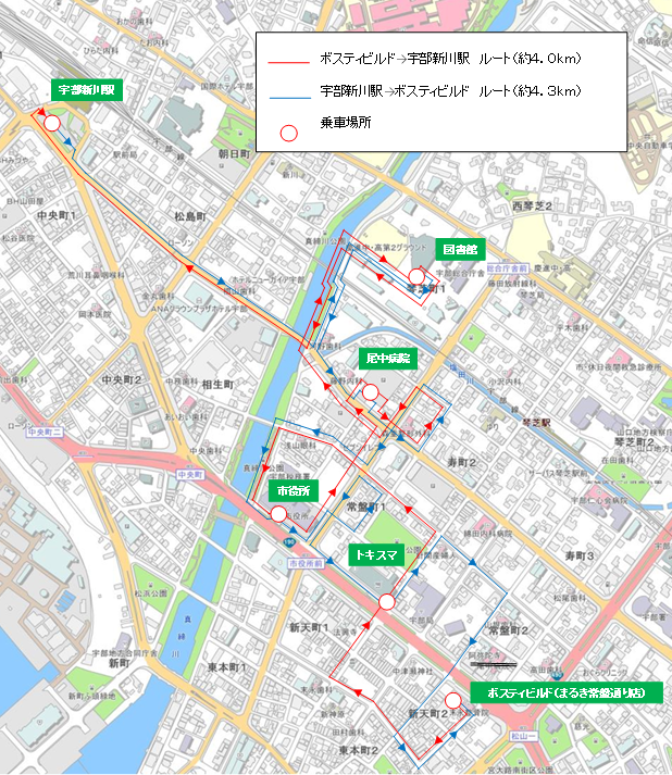 地図：新ルート図（宇部新川駅）