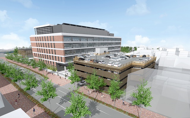 イメージ図:東側から見た新庁舎1期棟と立体駐車場の全景