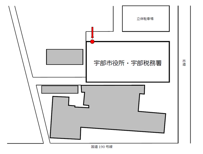 地図：宿直室（正面西側地下1階）