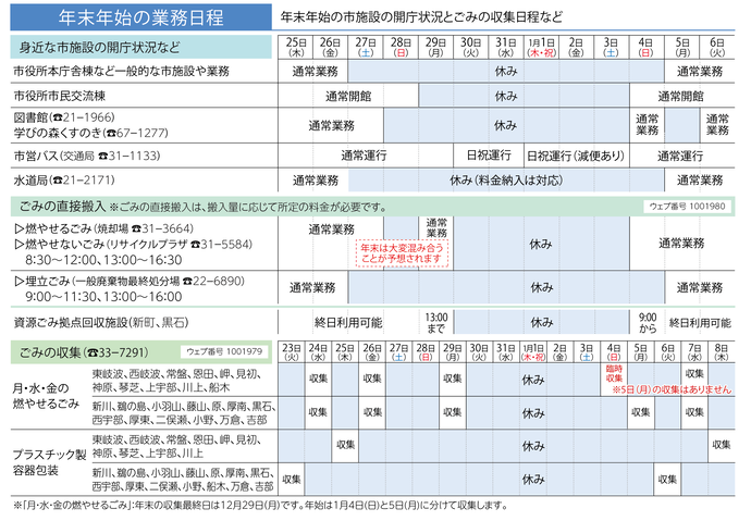 年末年始の業務日程の表