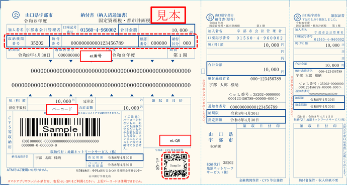納付書内のeL番号、eL-QR、バーコードの位置説明