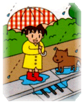 イラスト：雨水が溝に流れ込むようすを見ている子ども