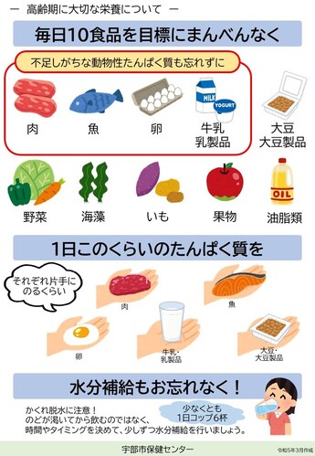 10食品まんべんなく、たんぱく質片手にのるくらい、水分