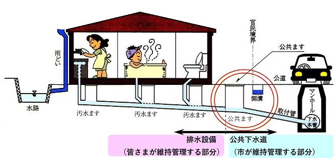 これは排水設備と公共下水道の維持管理区分です。
