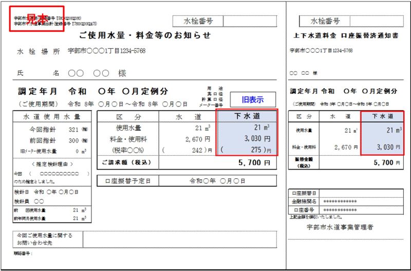「ご使用水量・料金等のお知らせ」旧表示見本