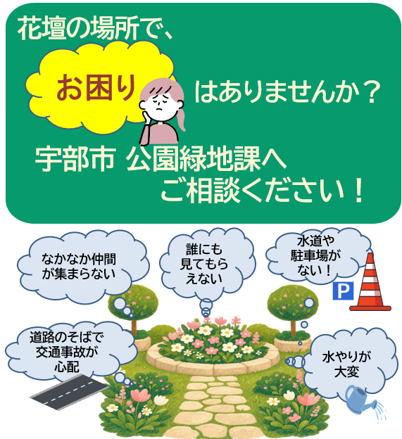 花壇の場所でお困りのとき、公園緑地課へご相談ください